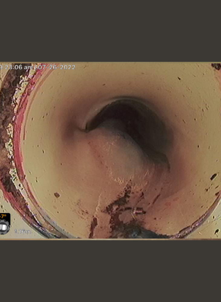 CCTV footage of inside of a pipe showing tree root pushing against pipe to create a bulge